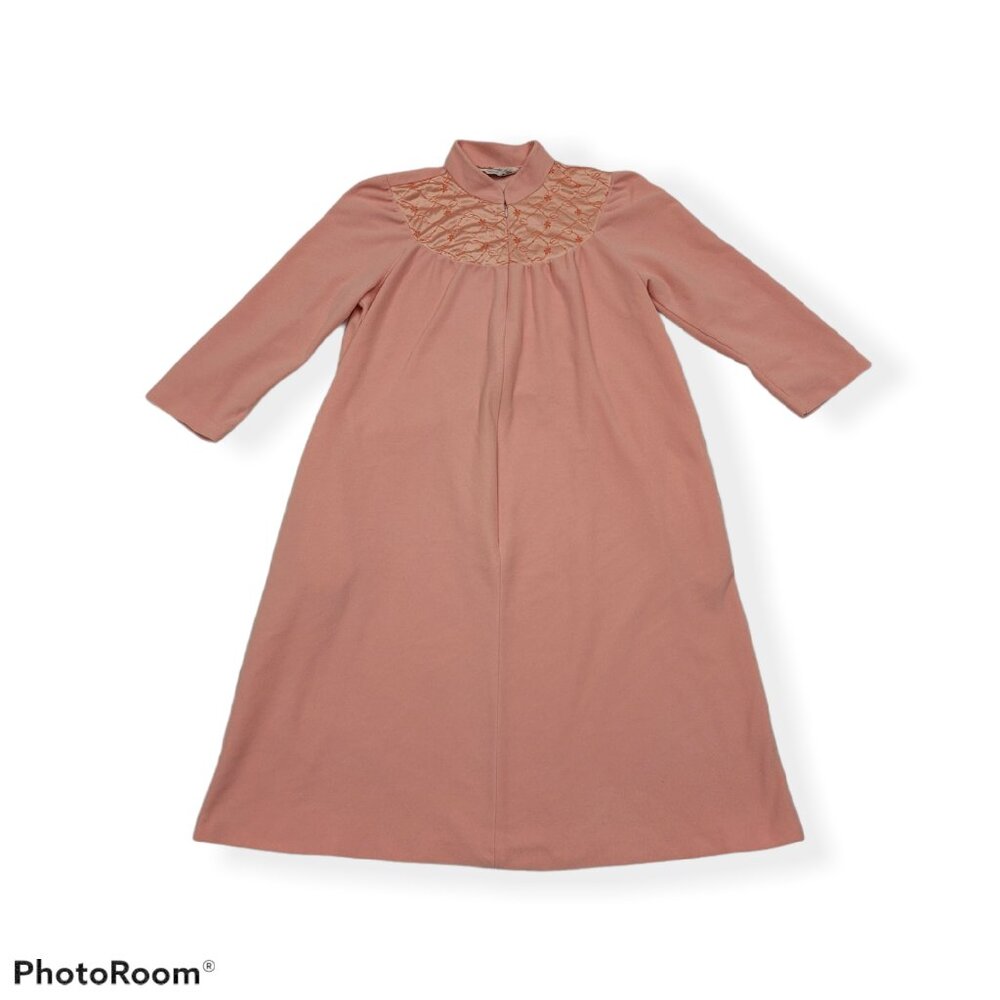 Vanity Fair Pink House Coat Robe Pajama Vintage Fleece Satin Floral Collar USA